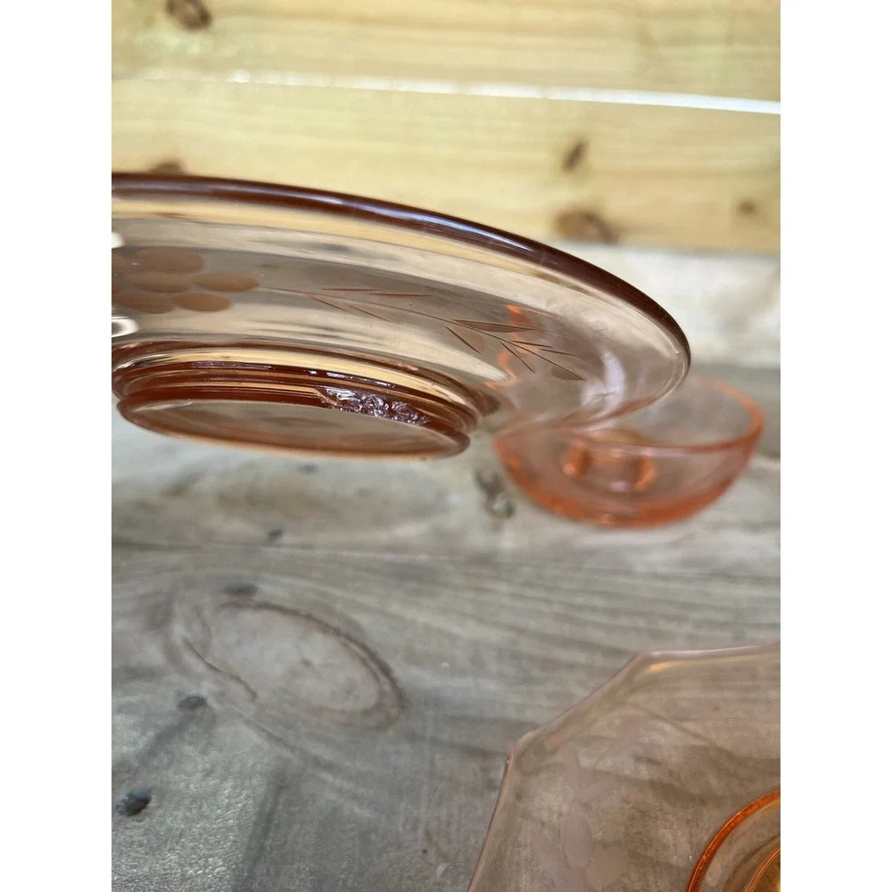 Vintage Pink Depression Glassware Floral Etching‎ Small Plates, Butter Dish,bowl